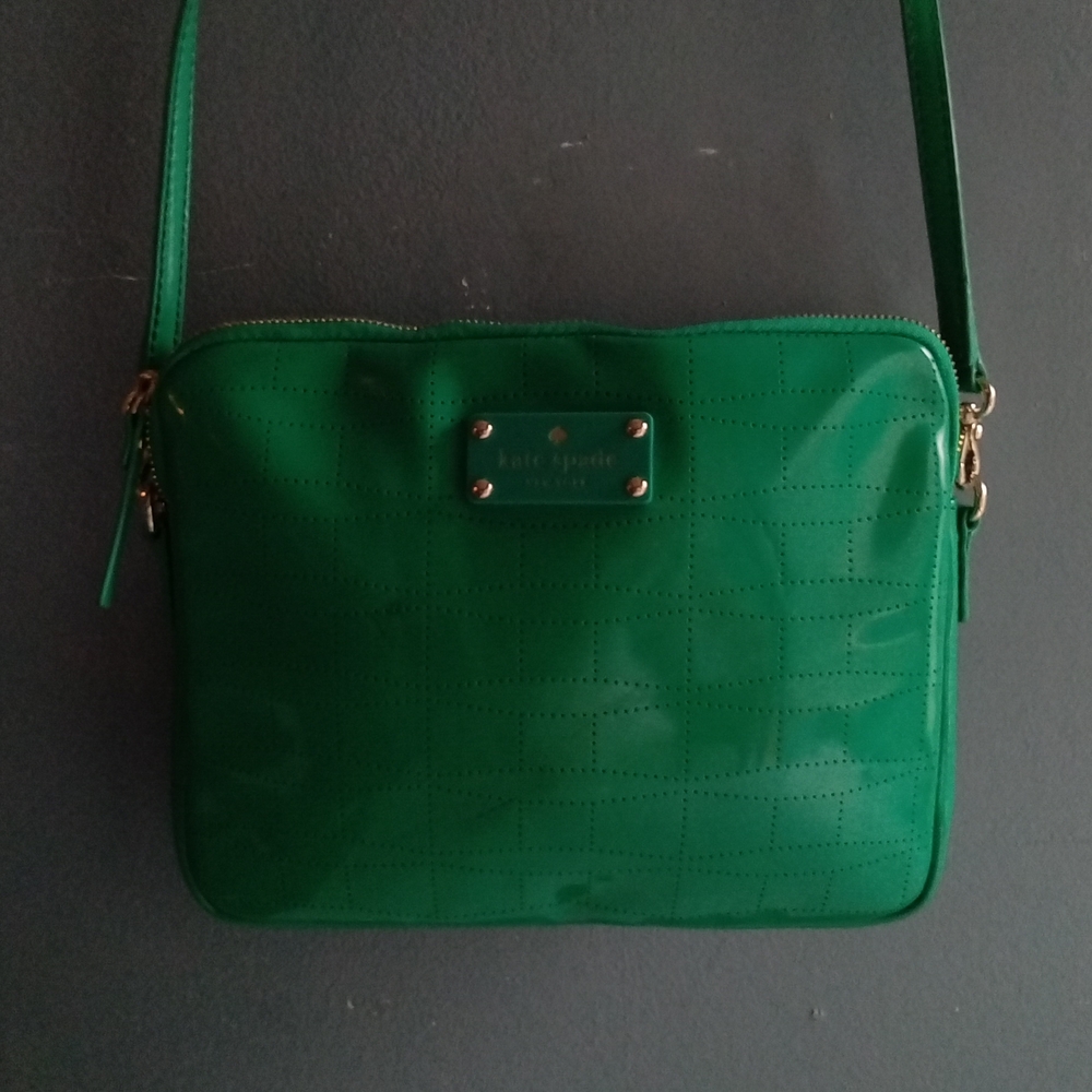 Kate‎ Spade Green Patent Leather Perforated Grid Crossbody Bag Gold Hardware